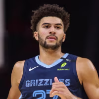 Oct 5, 2026; Atlanta, Georgia, USA; Memphis Grizzlies forward Cameron Boozer (27) in action against the Atlanta Hawks in the second quarter at State Farm Arena. Mandatory Credit: Brett Davis-Imagn Images