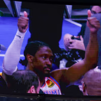Oct 25, 2026; Oklahoma City, Oklahoma, USA; A view of the video board showing Oklahoma City Thunder guard Jalen Williams (8) giving the thumbs up after getting injured and being taken away on a stretcher on a play against the Los Angeles Clippers in the fourth quarter at Paycom Center. Mandatory Credit: Alonzo Adams-Imagn Images