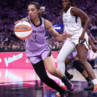 Oct 7, 2026; San Francisco, California, USA; Golden State Valkyries forward Gabby Williams (1) controls a loose ball against the Las Vegas Aces during the third quarter of game two of the second round for the 2026 WNBA Playoffs at Chase Center. Mandatory Credit: Kelley L Cox-Imagn Images