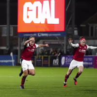 Fleetwood Town players celebrate the winning penalty scored by Conor Haughey in the shoot-out following the Carabao Cup, fourth round match at Highbury Stadium, Fleetwood. Picture date: Tuesday October 27, 2026. (Photo by Nick Potts/PA Images via Getty Images)