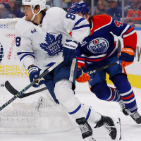 Oct 24, 2026; Edmonton, Alberta, CAN;  Toronto Maple Leafs forward William Nylander (88) looks to make a pass in front of Edmonton Oilers forward Owen Michaels (43) during the third period at Rogers Place.  Mandatory Credit: Perry Nelson-Imagn Images