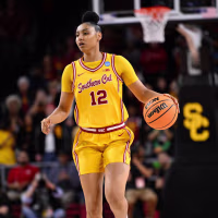 Mar 24, 2025; Los Angeles, California, USA; USC Trojans guard JuJu Watkins (12) during an NCAA Tournament second round game against the Mississippi State Bulldogs at Galen Center. Mandatory Credit: Robert Hanashiro-Imagn Images
