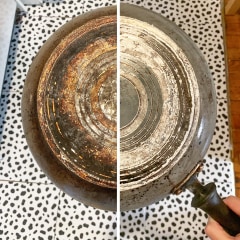 Before and After Image of a rusty pot, after using Pink Stuff cleaner on it