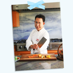 Three Images of Chef Martin Yan holding a butcher knife