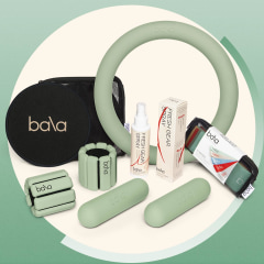 Illustration of different Bala products in green and editor Alicia Tan putting on her Bala Weights