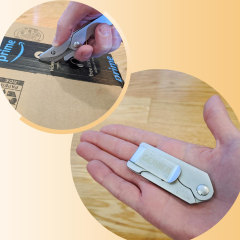 Illustration of a hand holding a pocket box opener knife and someone opening a box with it. The Gerber EAB pocket knife makes box-cutting and box-opening easy and safe. Learn why I love the Gerber EAB folding utility knife and where you can buy it.