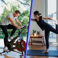 Split of a Young woman doing yoga exercise at home and Man working out on exercise bike at home. Shop fitness deals from Amazon Prime Day 2021 for all your workout needs on home gym equipment like treadmills and stationary bikes, activewear and more.