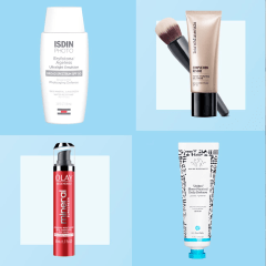 Illustration of 4 different sunscreen moisturizers with SPF and a Woman rubbing lotion on her cheek. See the best face moisturizers with sunscreen to try in 2021. Shop moisturizers with SPF from Olay, Drunk Elephant, Fenty Skin and more to protect your sk