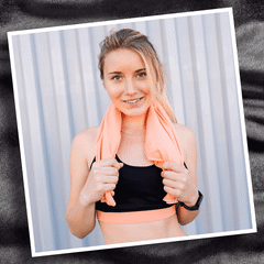 Smiling woman in bra top holding towel around neck while standing against wall and a GIF of different cooling fabrics behind her
