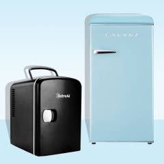 Illustration of four mini fridges in different colors and shapes