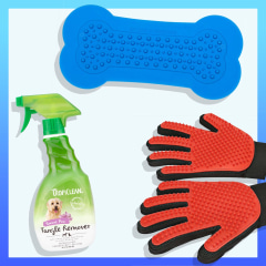 Illustration of a Woman holding a dog in a towel and the Lick Lick Pad Dog Distraction Lick Mat, DELOMO Pet Grooming Glove and TropiClean Tangle Remover Spray for Pets