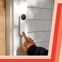 Illustration of a hand ringing the new Google Nest Doorbell on someones door frame and the new Google Nest Camera in a living room