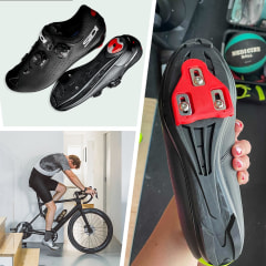 Illustration of a man cycling indoors, a person cycling outdoors, someone holding a pair of spin shoes with delta clip-ons, a pair of Nike SuperRep Cycle and a pair of Sidi Genius 10 spin shoes