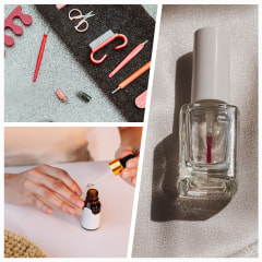Collage of images of a Woman putting oil on her cuticles, beautiful manicured hands, a bottle of clear polish, Olive and June cuticle care and a manicure set