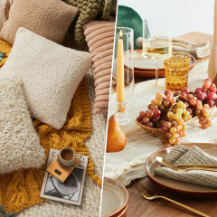 Three images of a cozy living room, a fireplace decorated and a dining room with fall decor