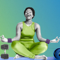 Illustration of a Woman sitting on a yoga mat with Bala weights on her wrists and a weight by her legs, and a close-up view of the NordicTrack S22i Studio Cycle bike