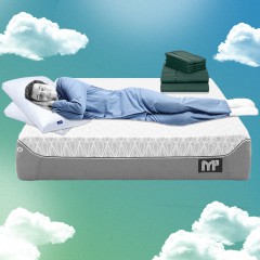 Illustration of a Man sleeping on a Bedgear M3 Mattress, using 2 Original Casper Pillows and a set of LuxClub Bamboo 6-Piece Sheets on the bed