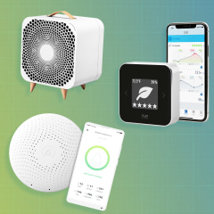 Illustration of the Airthings Wave Plus Air Quality Monitor, Blueair Pure Fan Auto and the Eve Room Indoor Air Quality Monitor