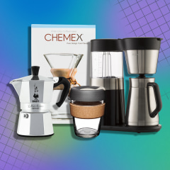 Illustration of a Chemex Pour-Over Glass Coffeemaker, Coffee from Trade, Bialetti Moka Express, KeepCup Reusable Coffee Cup and a OXO 9-Cup Coffee Maker