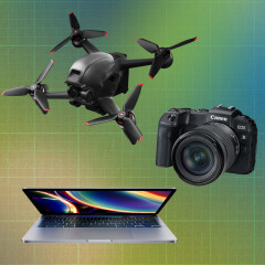 Illustration of Amazon Fire TV Stick 4K Max Streaming Device, Apple Macbook Pro 13-Inch Laptop, SanDisk 4TB Extreme Portable External Solid State Drive, Google Nest Smart Thermostat, Canon EOS RP Full-Frame and a DJI FPV Drone Combo