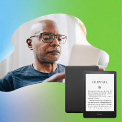 Illustration of man reading ebook and Amazon Kindle