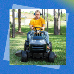 Illustration of the Weibang E-Rider 30in Riding Mower and a man mowing his lawn