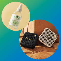 Illustration of the Mario Badescu Coconut Body Oil and the Marshall Emberton II and Willen portable speakers