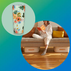Image of a Woman on her couch with the new Open Spaces Underbed Storage and two Corkcicle and Rifle Paper Co. drinkware collection
