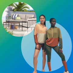 Lifestyle image of the new Zinus Savannah outdoor furniture collection and two Women wearing outfits from the Sorel and prAna sustainable clothing line