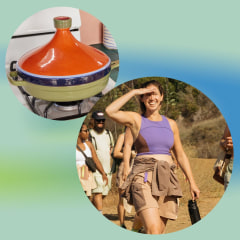 Illustration of someone wearing hiking gear, tribute speaker, On-Running Bra and a Tagine from Our Place