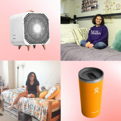 Illustration of two girls in there dorm room, a tumbler, reusable dinner set and a purifying fan