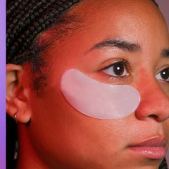 Woman wearing an under eye patch and two different eye patches