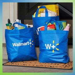 Split image of a box from Imperfect Foods and three bags from Walmart