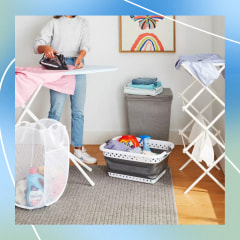 Illustration of someone in a dorm room and two products to help organize your room