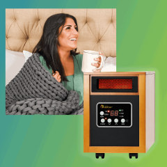Woman cozy in bed and a space heater