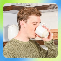 Man drinking from a coffee mug and two coffee products