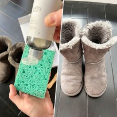 Three images showing uggs being cleaned