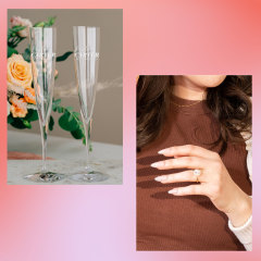 Picture Fram with a heart, Waterford Elegance Trumpet Custom Champagne Flutes and a close up of someones ring