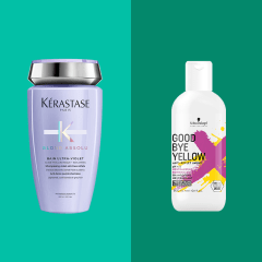 Schwarzkopf Goodbye Yellow Shampoo,  Kerastase Blonde Absolu Anti-Brass Purple Shampoo and Oribe Bright Blonde Shampoo