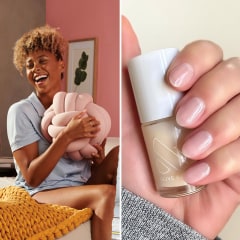 Woman hugging her Hugget pillow from Bearby on a bed, a pink roller skate and a hand holding nail polish with painted nails