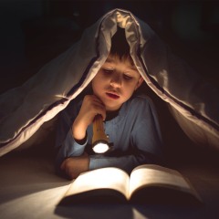 Little boy using a flashlight to read in his bed