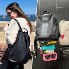 Split image of a Woman wearing a black Anti-theft bag and items being packed in the bag