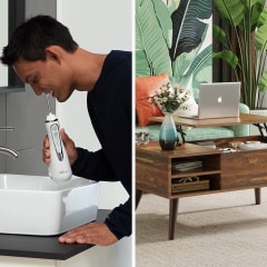 Three images of a rug, a water flosser and a desk all from Amazon