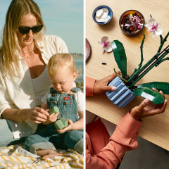 Split image of Hey Dewy, a mom and son and a Woman building a lego flower