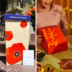 Cookies, Urban Stems box and a red box from Bokksu Classic Gift Box
