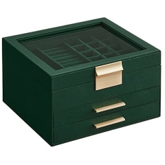 SONGMICS Jewelry Box with Glass Lid, 3-Layer Jewelry Organizer, 2 Drawers, Jewelry Storage, Plenty of Storage Space, Modern Style, Gift for Loved Ones, Forest Green UJBC239C01