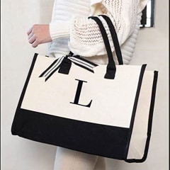 Mud Pie Classic Black and White Initial Canvas Tote Bags