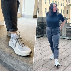 Split image of a close up and fill length shot of a Woman wearing the new Lululemon sneaker