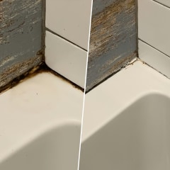 Before and after of a tub, after using Skylar Life Mold and Mildew Remover Gel