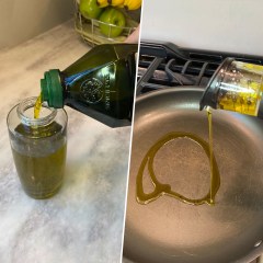 Three images of the Olive Oil and Vinegar Dispenser Set in use while cooking